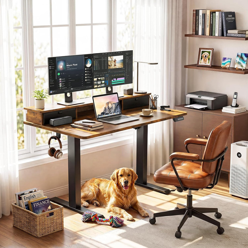Veken 47x28 in Electric Standing Desk with Drawers, Adjustable Table, Brown