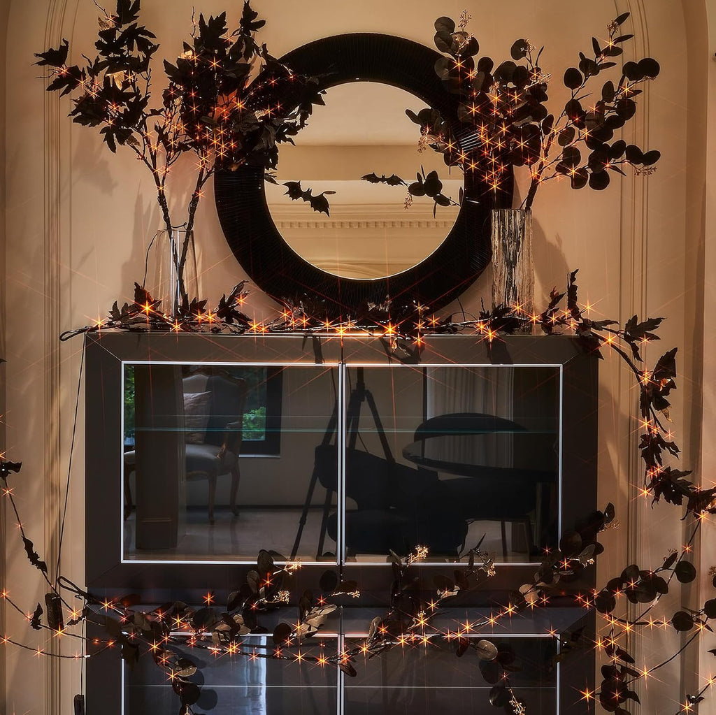 Hairui Lighted Black Eucalyptus Garland with Timer 96 LED Orange and Warm White Fairy Lights,Halloween Garland with Lights 6FT Battery Operated with 10 Functions for Fireplace Halloween Decoration