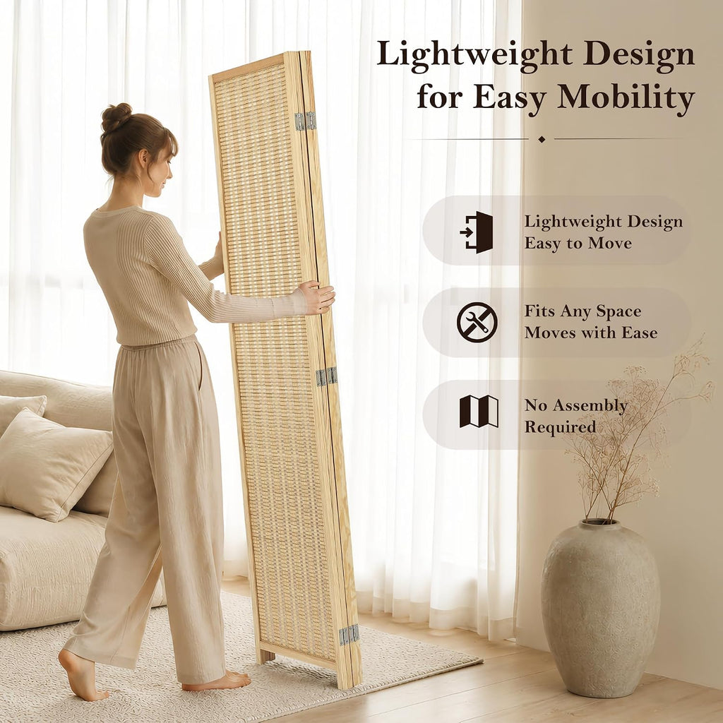 4 Panel Bamboo Room Divider, Folding Privacy Screen, Natural