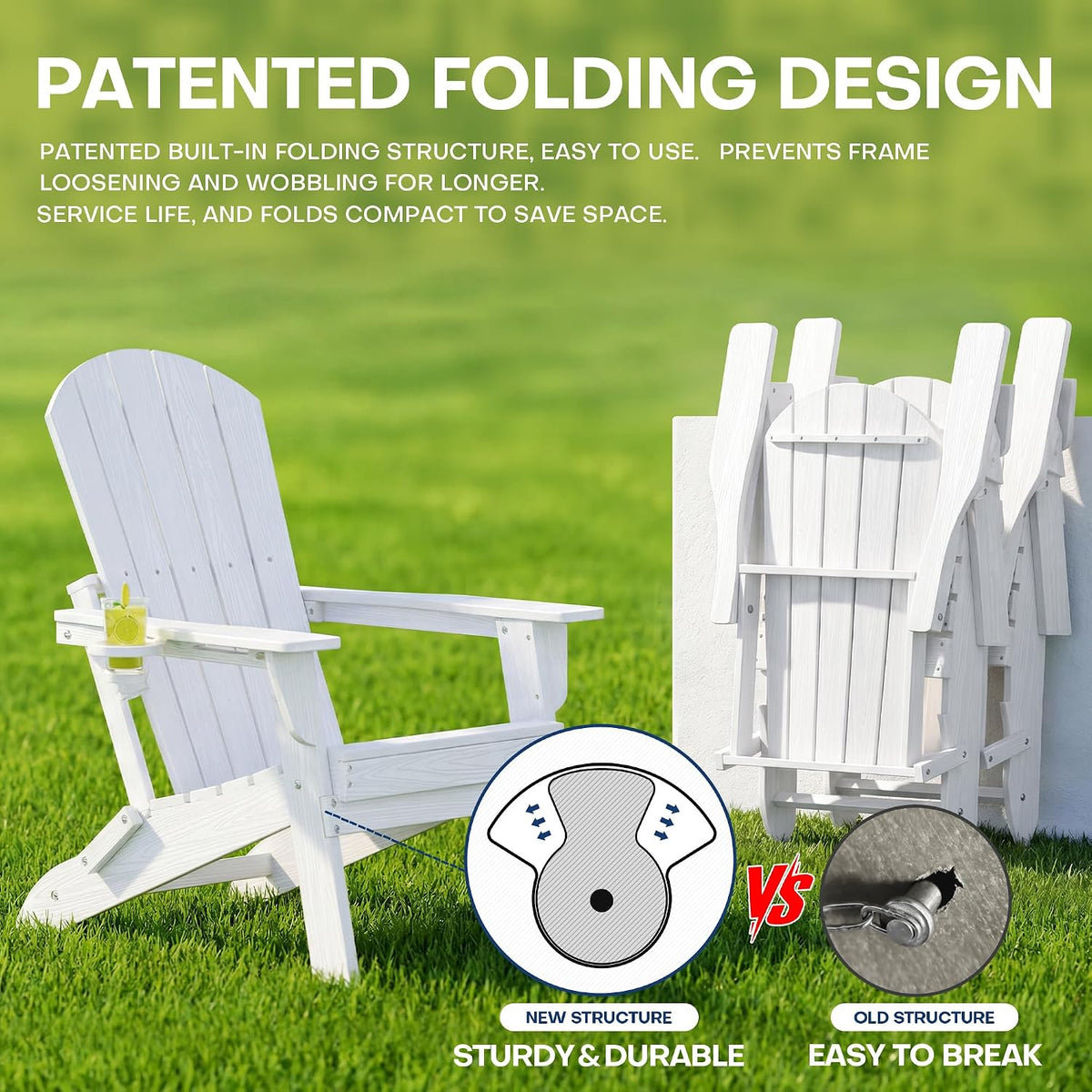 Adirondack Chair Set of 2 with Cup Holders&Table, White