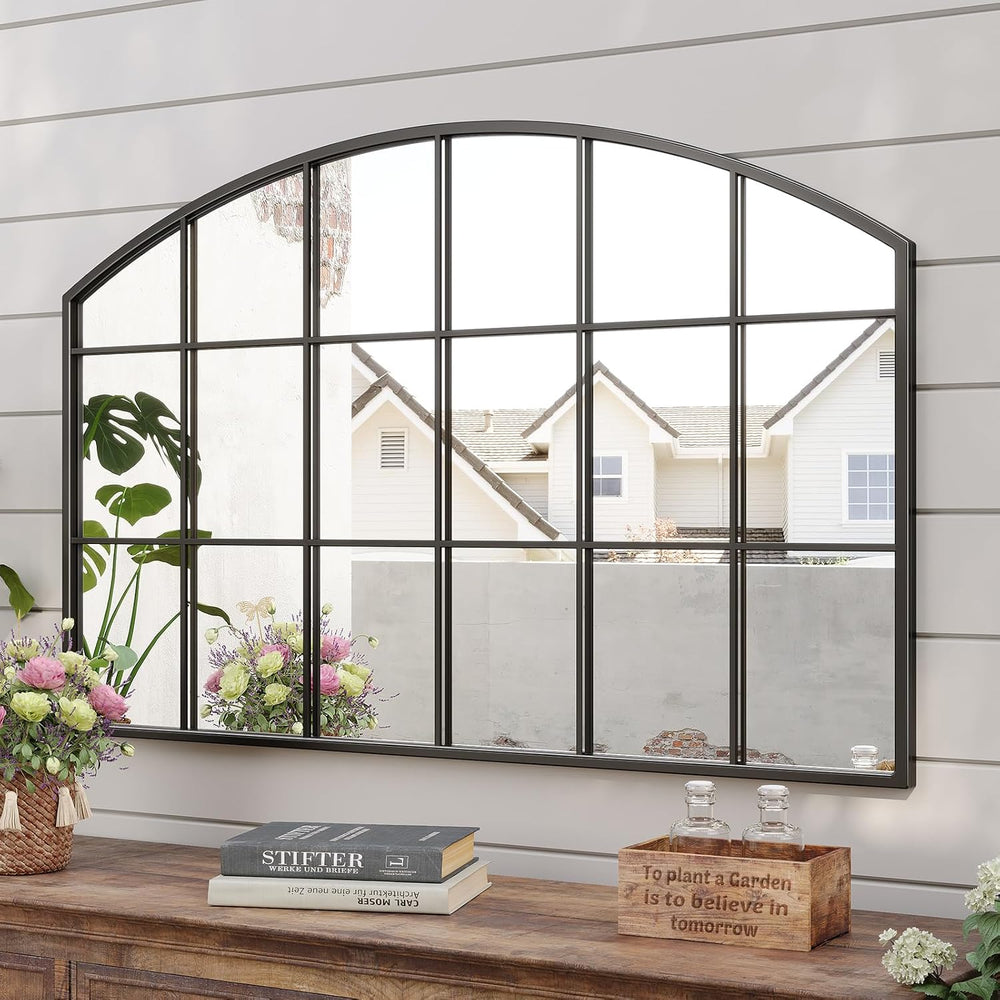 Wide Window Pane Mirror, 44" x 28" Black Arched Mirror for Wall