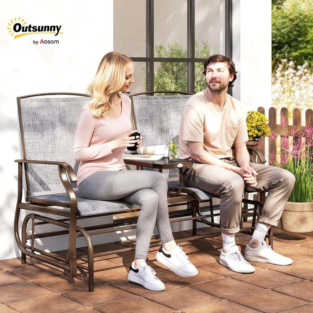 Outsunny Outdoor Glider Bench with Center Table Metal Frame Armrests Gray