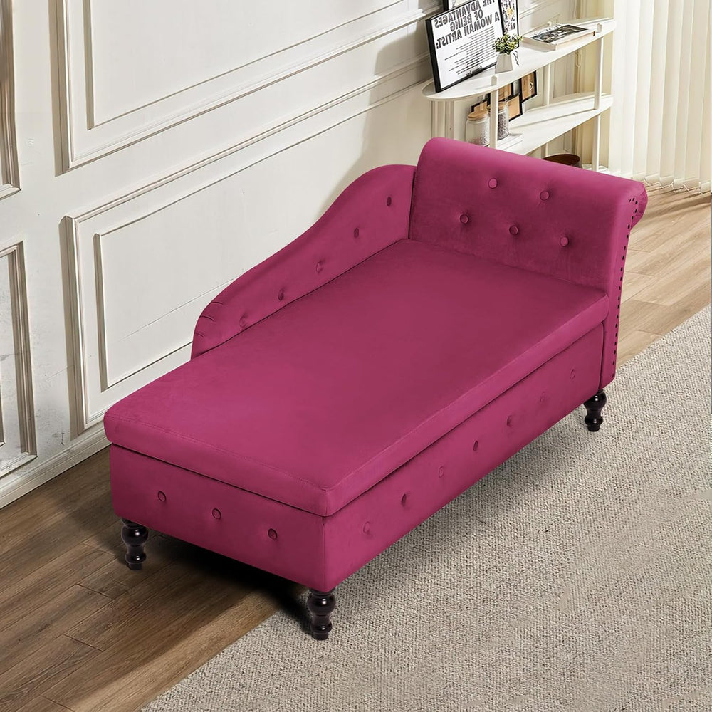 Velvet Chaise Lounge w/Right Armrest & Storage Space, Fuchsia