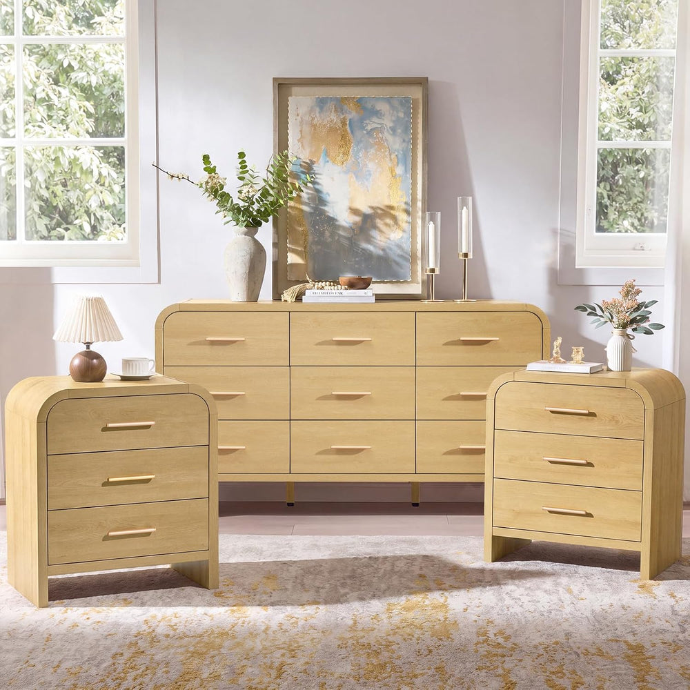 3-Piece Bedroom Set, Curved 9-Drawer Dresser&3-Drawer Nightstands