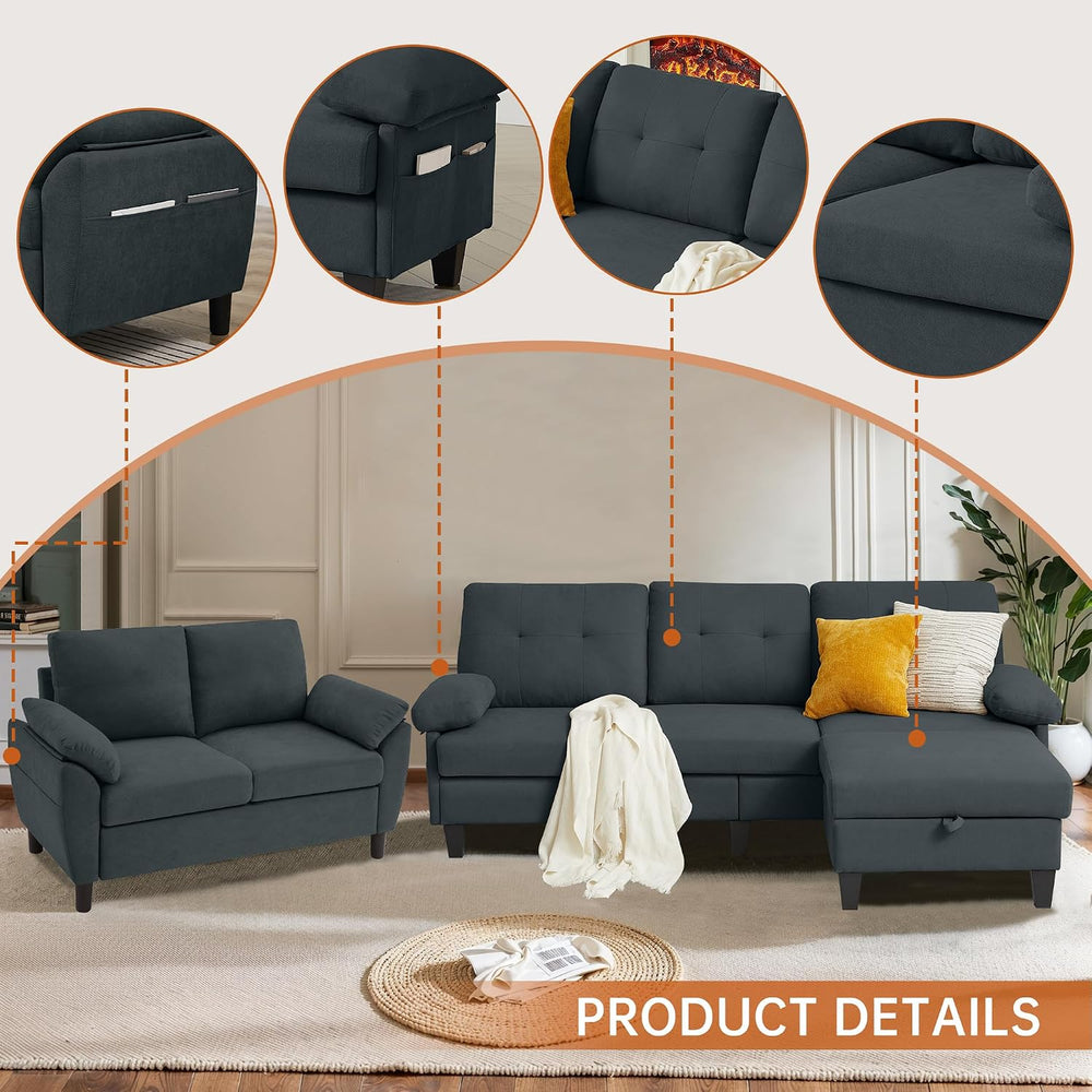 3 Piece Convertible Sectional Sofa Set, Modern Corduroy Small Couch with Mova...