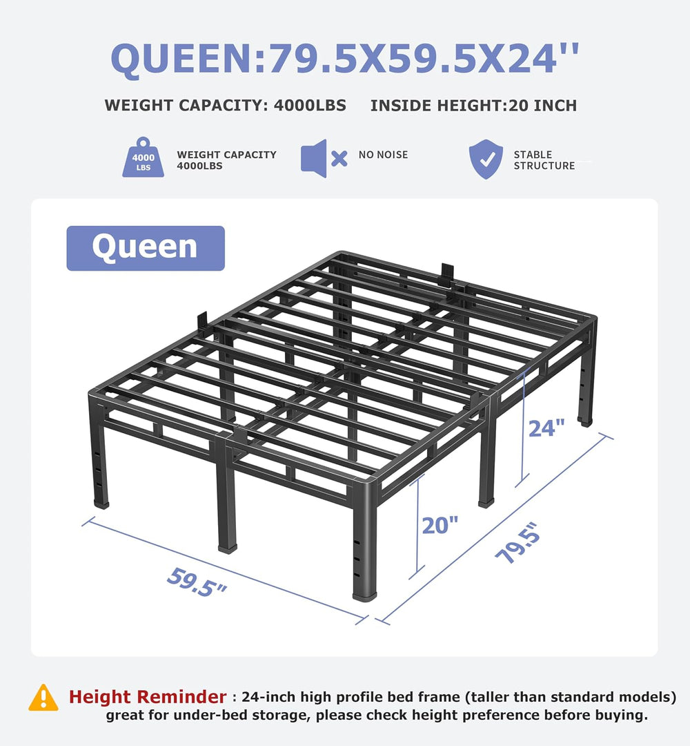 NKZ Queen Size Metal Platform Bed Frame, 24 Inch Dual-Layer Heavy Duty Base