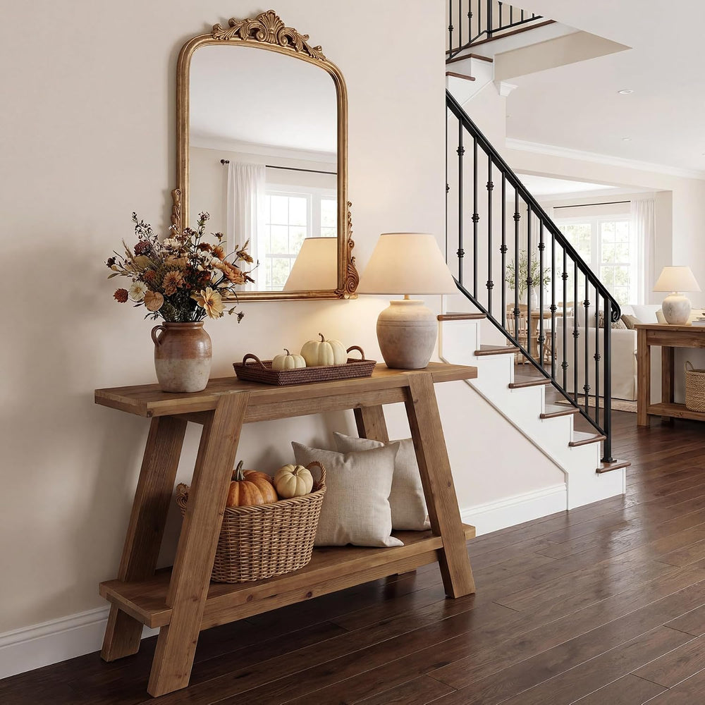 43.3" Solid Wood Entryway Table, 2-Tier Farmhouse Console Table with Sto...