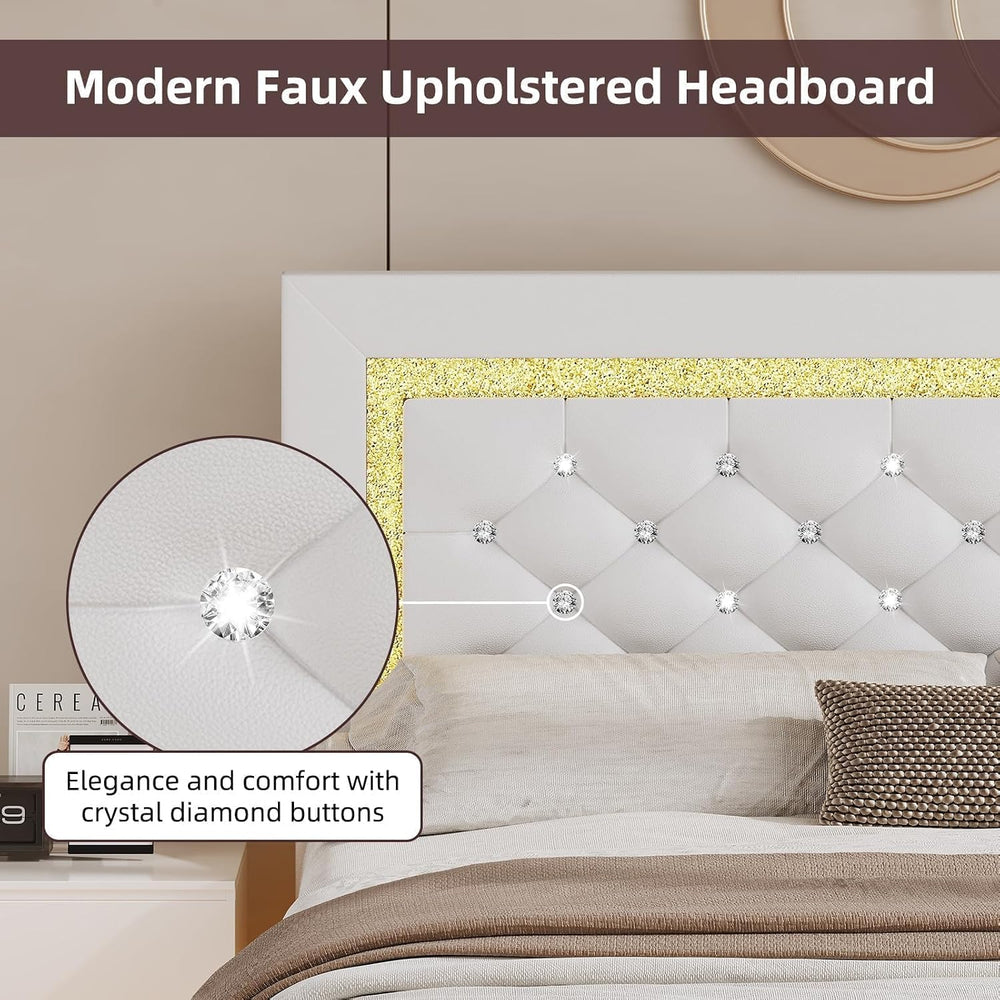 Floating Bed Frame Queen with LED Lights and Diamond Headboard,White