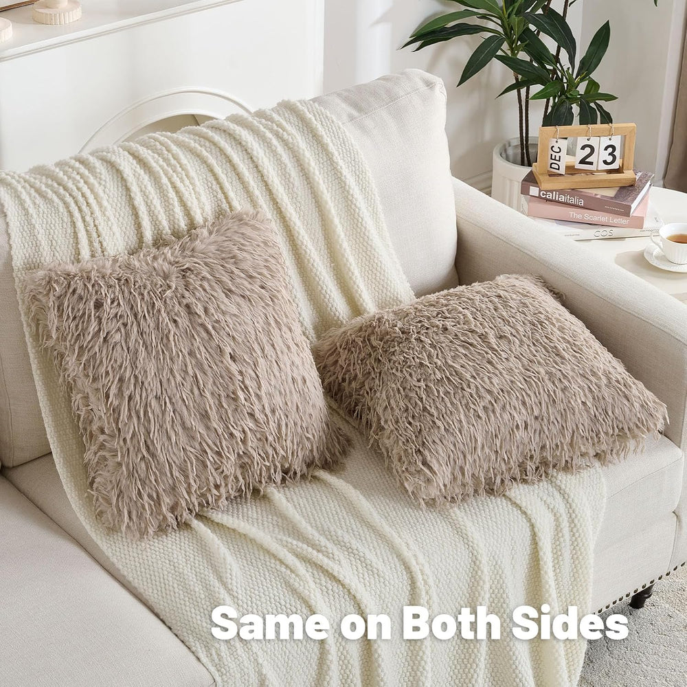 FUTEI Pack of 2 Fluffy Faux Fur Throw Pillow Covers 24x24 Inch, Khaki