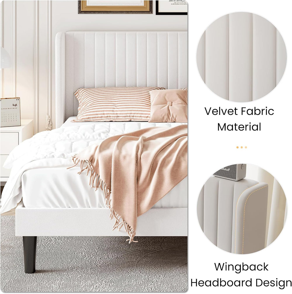 SHA CERLIN Queen Size Velvet Bed Frame, Tufted Wingback Headboard, White