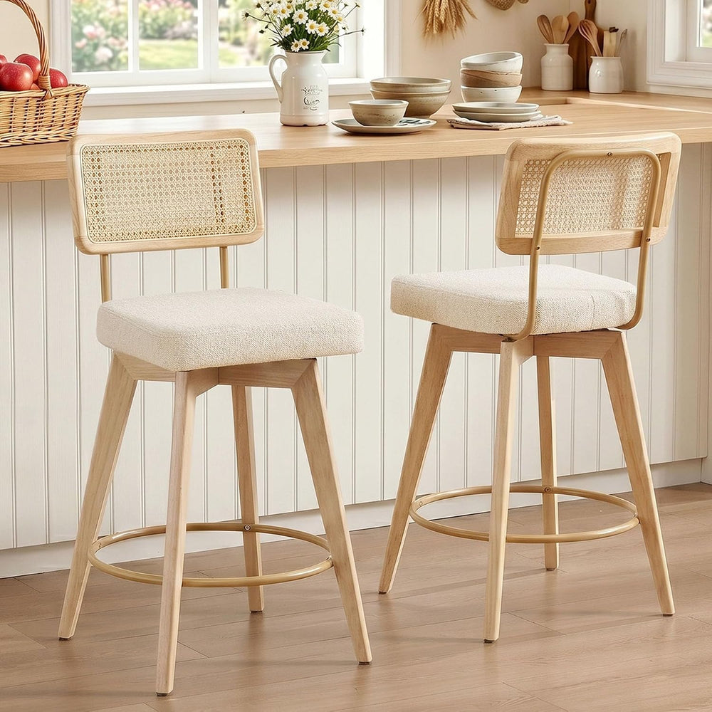 26" Swivel Boho Bar Stools Set of 2, Solid Wood, Rattan, Beige