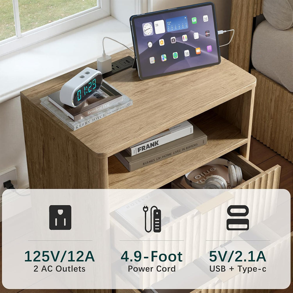 Evermagin Queen Bedroom Set, Storage Bed Frame & Charging Nightstands, Oak