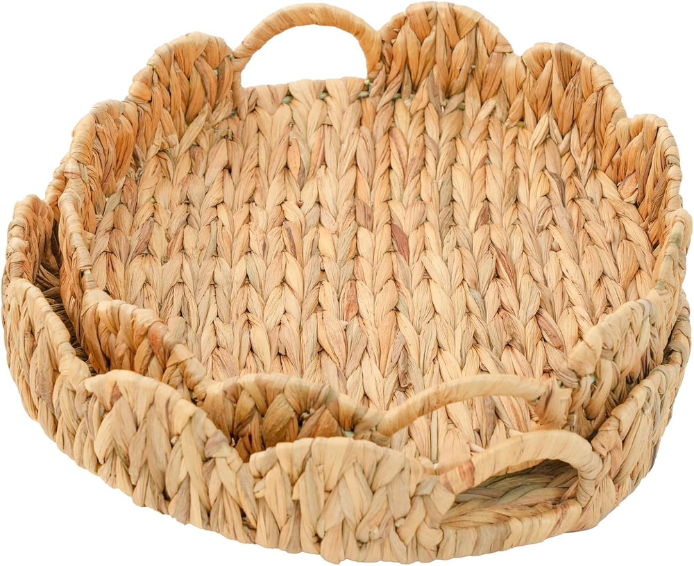 2-Pack Wicker Basket Tray, Round Serving Tray with Handles, Rattan Woven Deco...