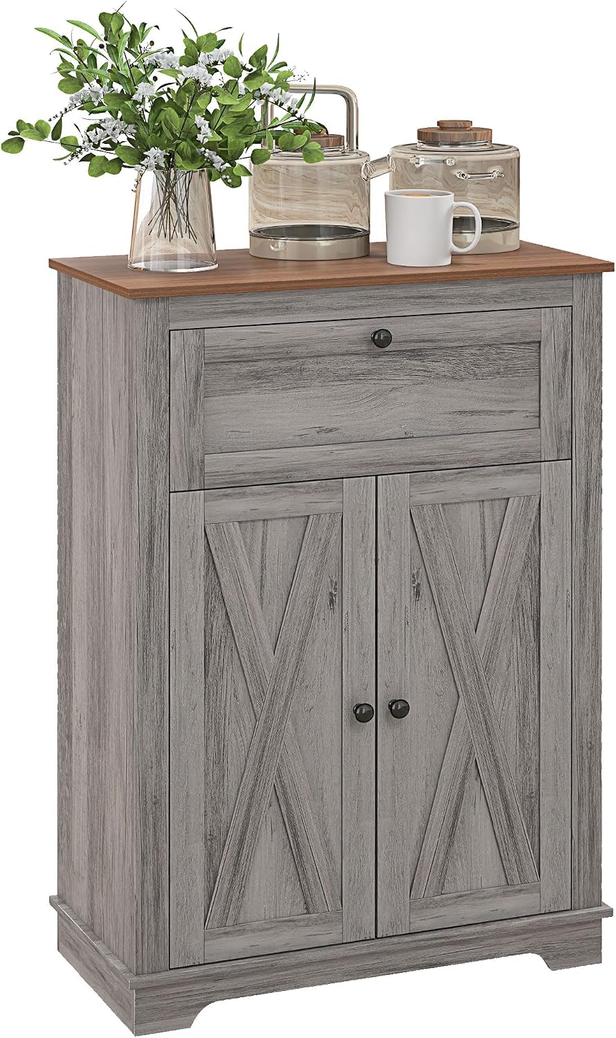 HOMCOM Farmhouse Barn Door Accent Cabinet with Double Doors Gray