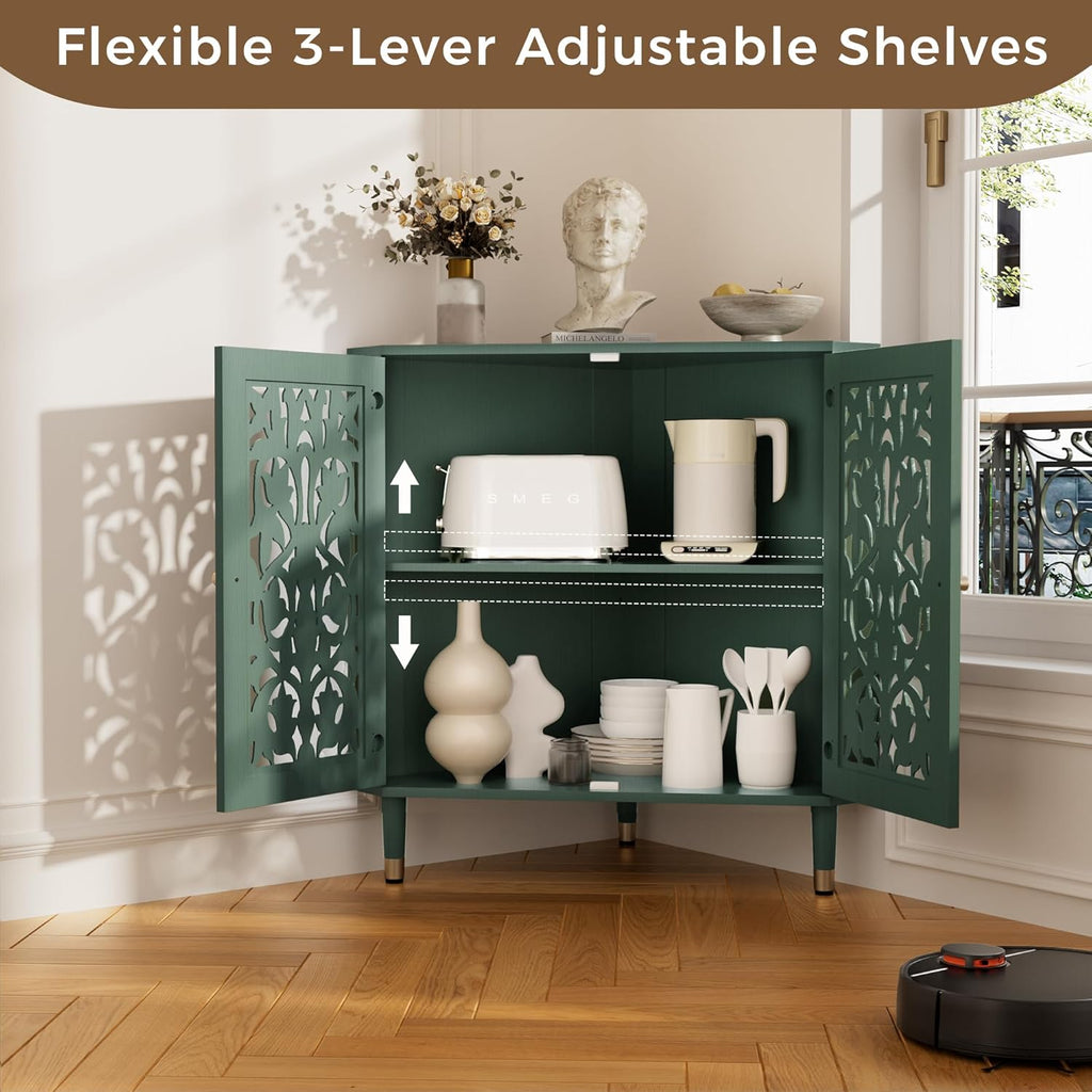 3More Retro Hollow Carved 2-Door Accent Corner Storage Cabinet Green