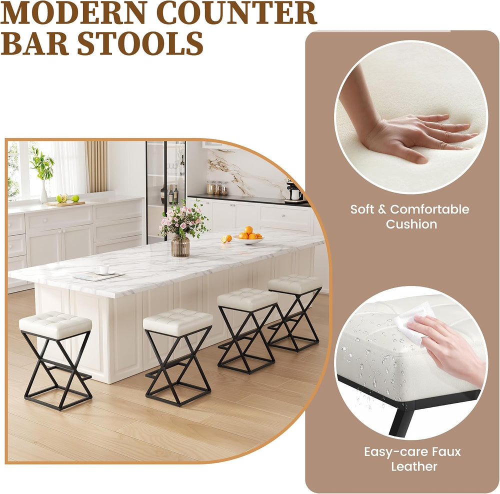 Bar Stools Set of 2, 26" Leather Counter Height Bar Stools, Beige
