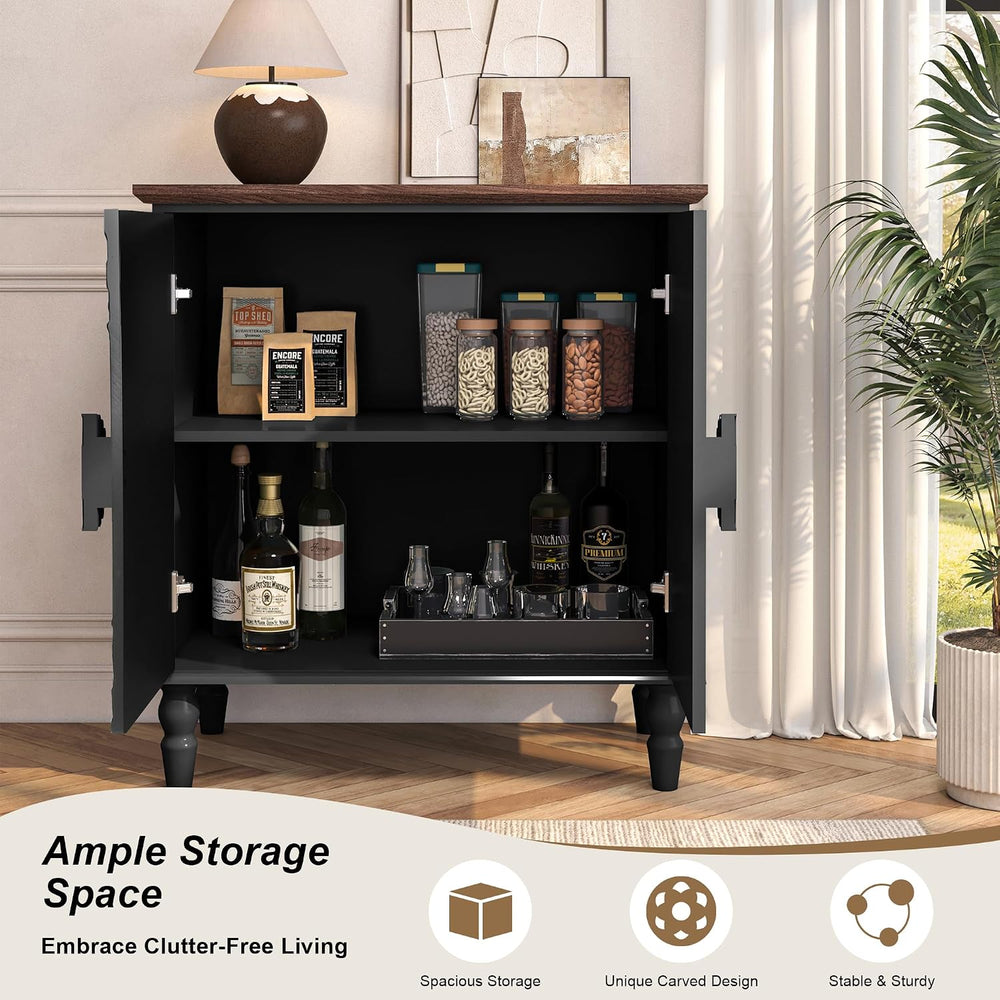 Black Sideboard Buffet Cabinet with 2 Embossed Flowers Doors