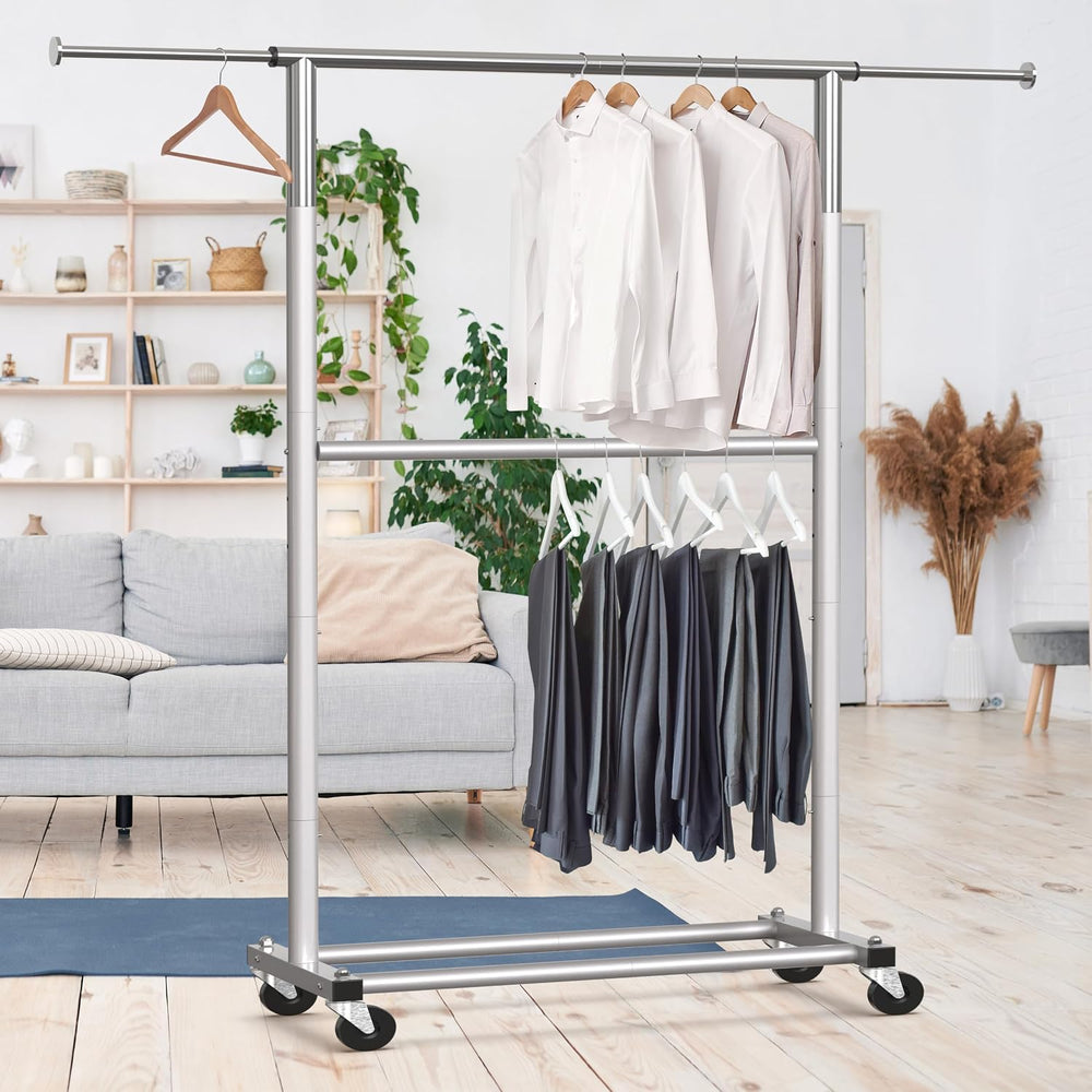 Simple Houseware Double Rod Adjustable Clothing Garment Rack, Grey