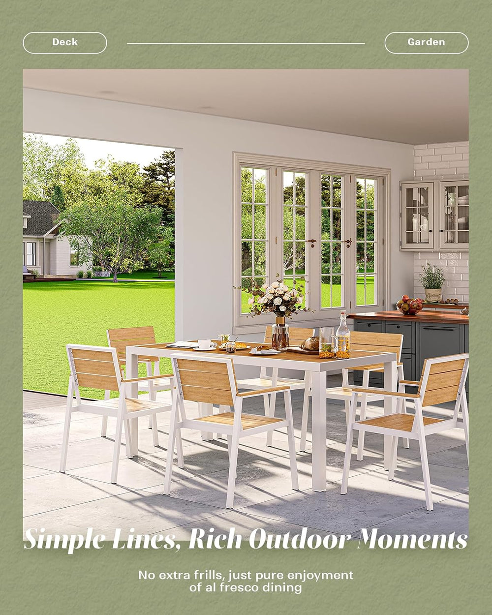 Vexwalx 10 Pcs Outdoor Dining Set, 67" HDPS Dining Set for 8, White-Teak