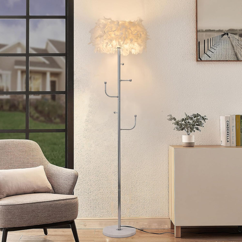 Feather Floor Lamp with Coat Rack - Modern Metal Hall Tree with 5 Hooks for L...