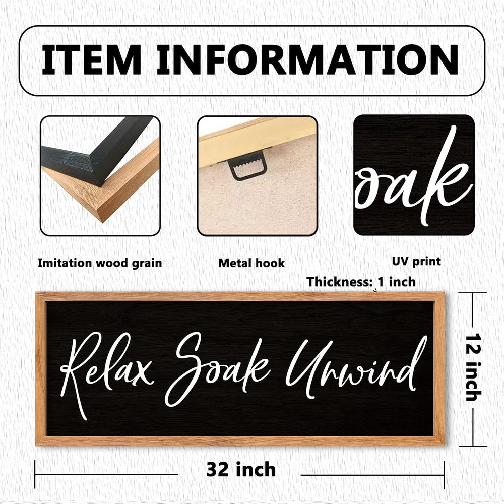 AuraPeak Relax Soak Unwind Sign Bathroom Wall Decor, Wood Black, 32"×12&...