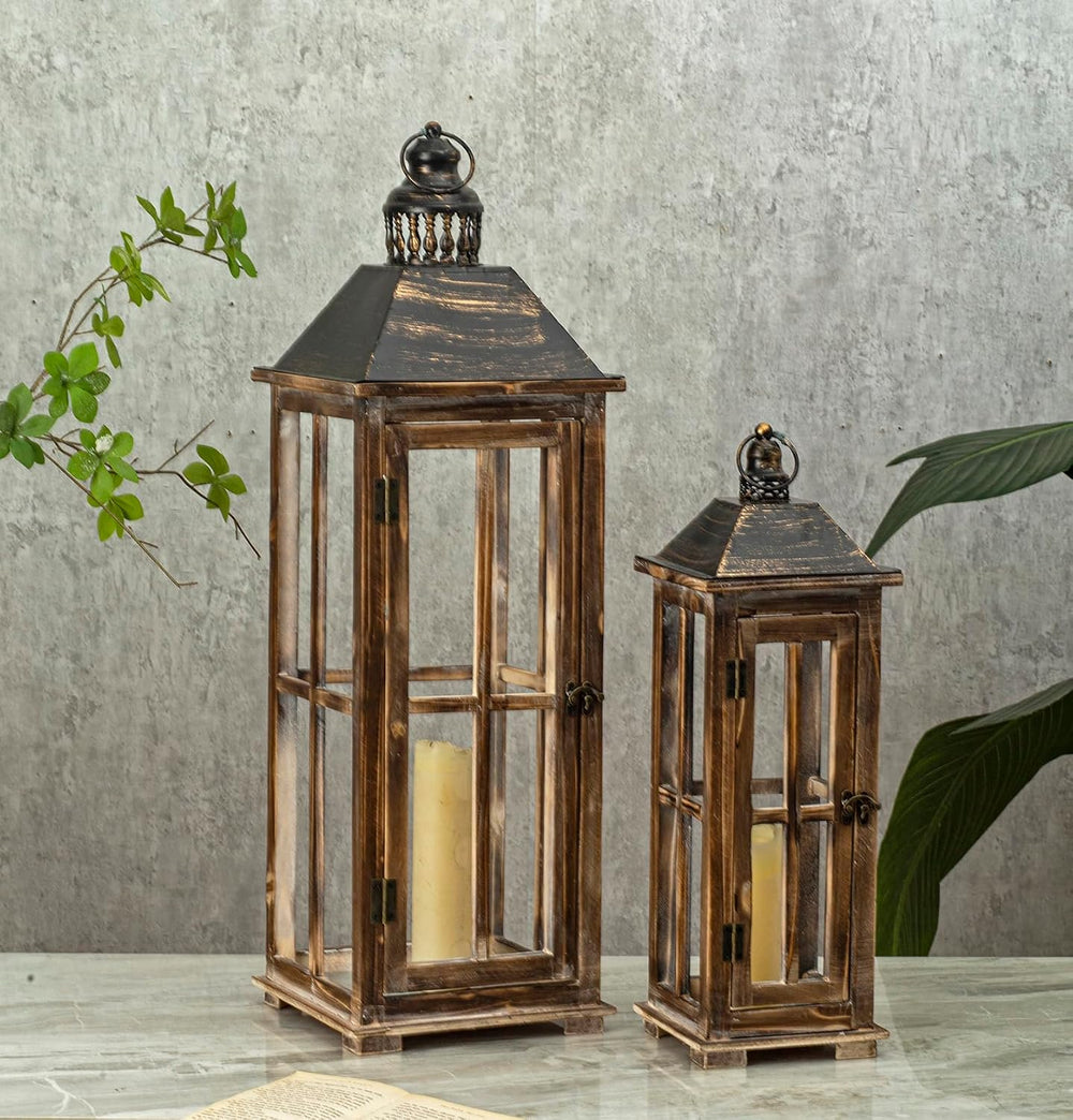 Large Farmhouse Wooden Decorative Lantern Set of 2, Rustic Distressed Brown B...