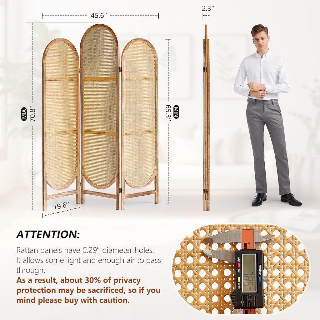 3 Panel Rattan Room Divider Screen, Boho Folding Privacy Screen