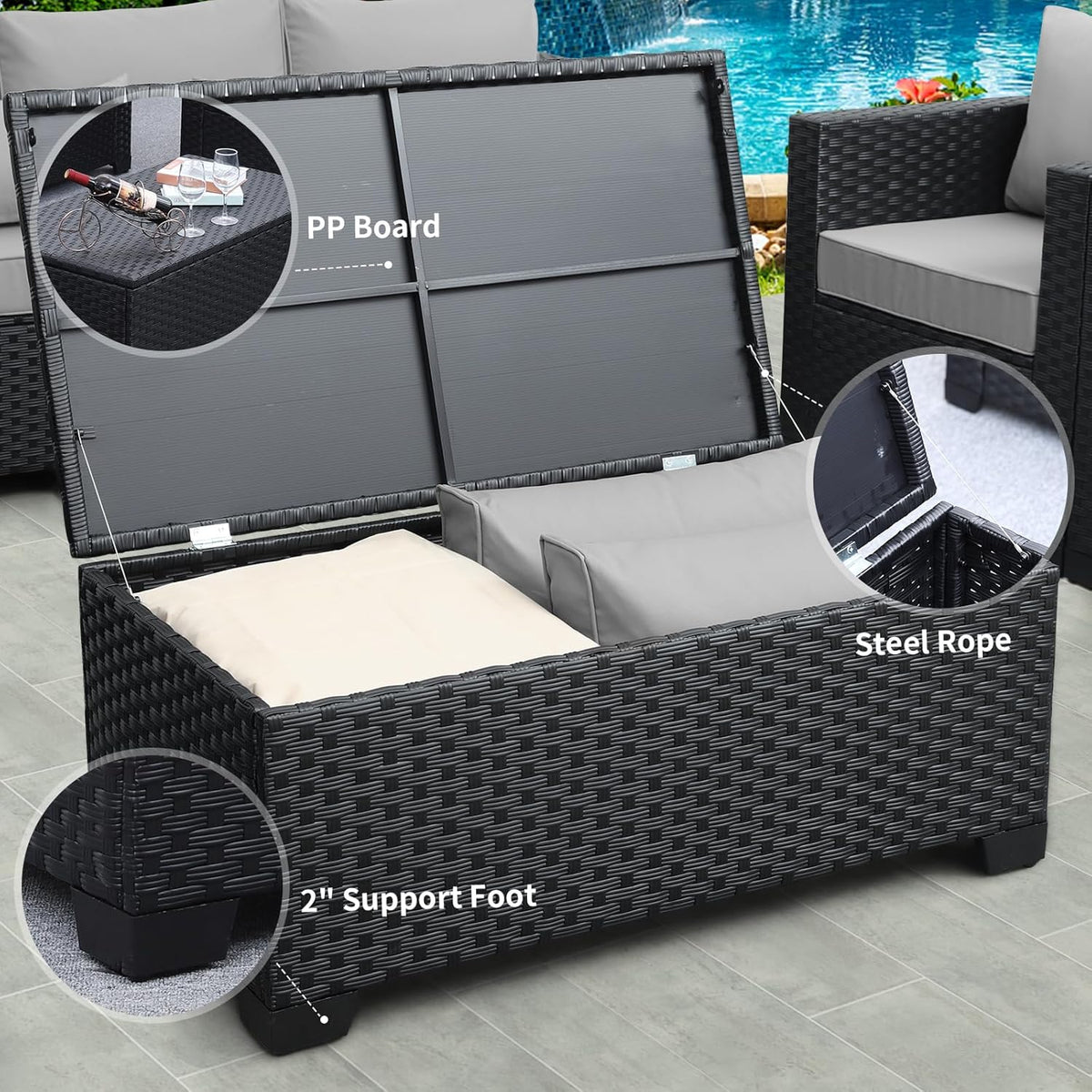 Rattaner Patio Coffee Table with Storage Wicker Outdoor Coffee Table and All-Weather Wicker Side Table with Waterproof Cover, Black