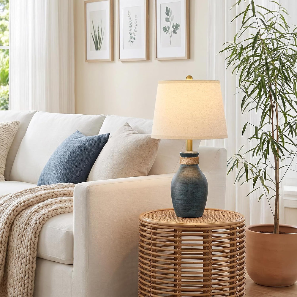 USumkky 22.5" Farmhouse Ceramic Table Lamp Coastal Bedside Lamp Blue‑Grey