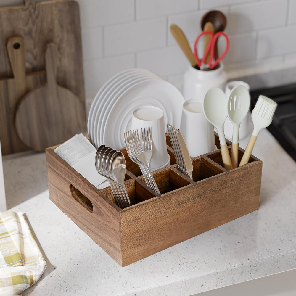 VaeFae Acacia Silverware Caddy, Utensil Holder with Handle