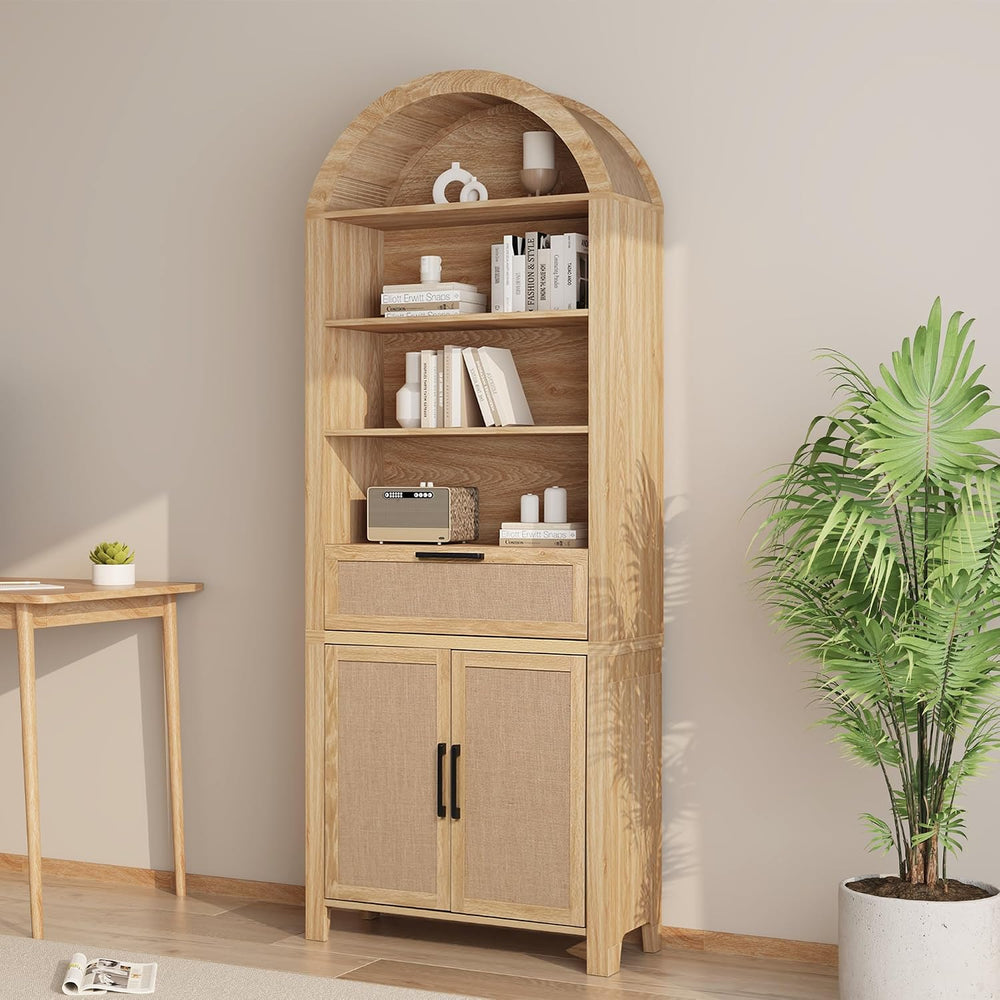 Janmer Home 79" Tall Arched Bookcase Cabinet with Doors, Natural,Rattan