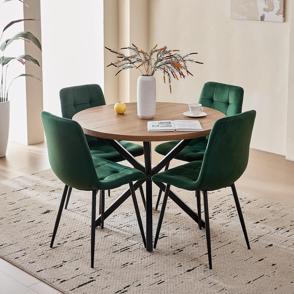 39" Round Dining Table Set for 4(Brown Table+4 Green Chairs)
