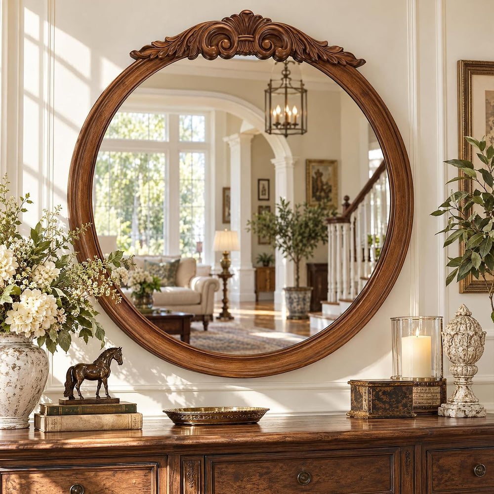 30 Inch Rustic Wall Mirror with Solid Wood Walnut Light Brown