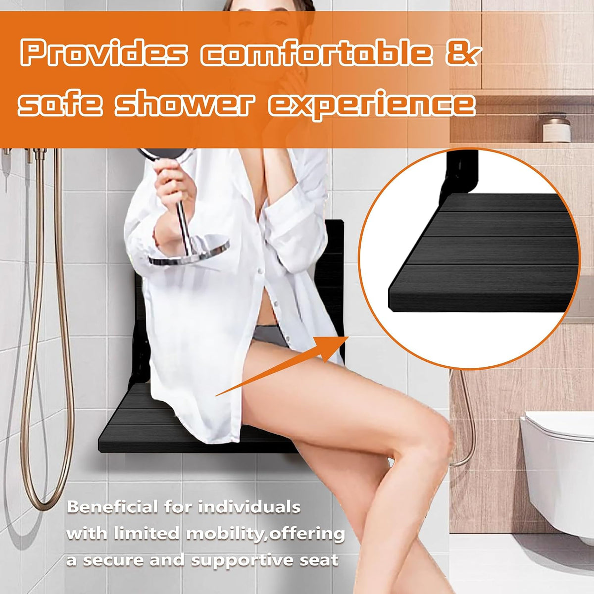 Teak Shower Bench, Folding Shower Chair Wall Mounted, Wood Folding Shower Seat, Teak Shower Bench for Inside Shower, 20 Inch Wide, 500 lbs Capacity (All Black, 20'' W x 16'' D x 20'' H)