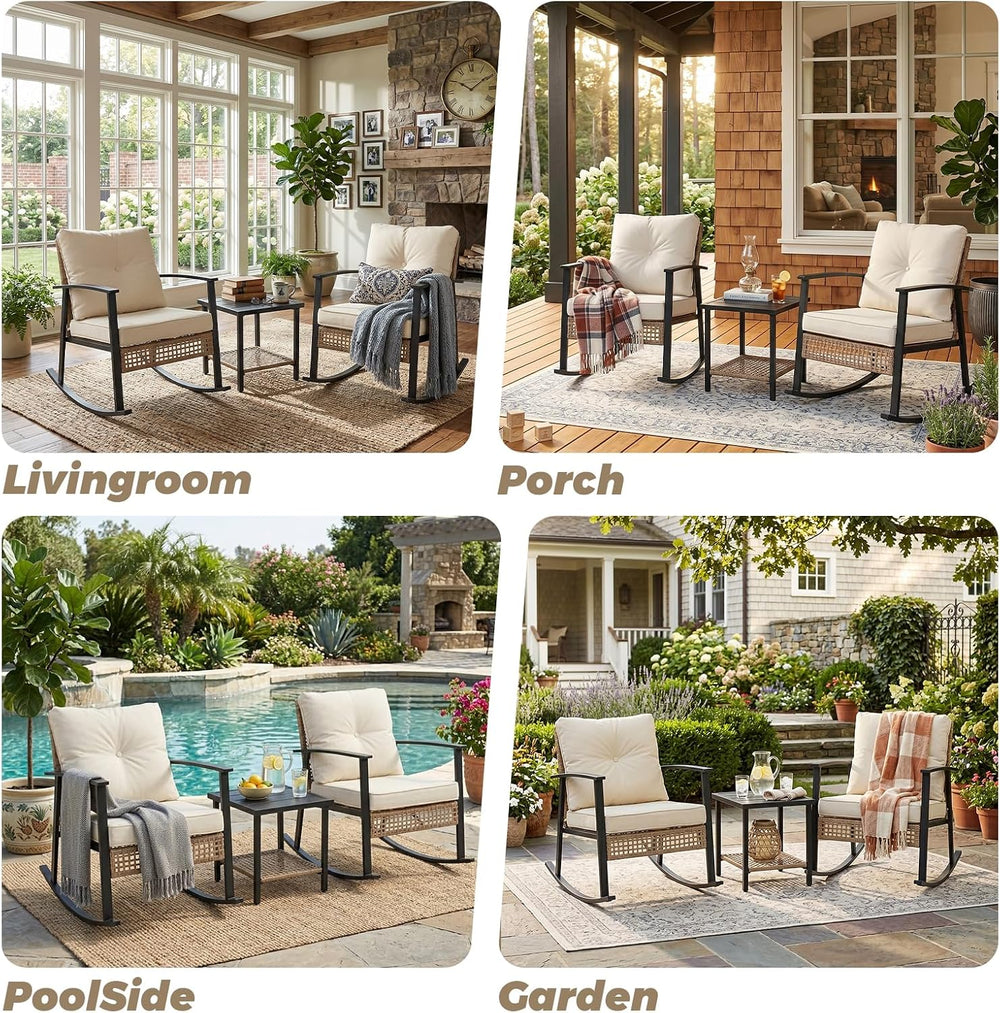 Outdoor Rocking Chairs Set of 2, 3-Piece Bistro Patio Furniture Set with Thic...