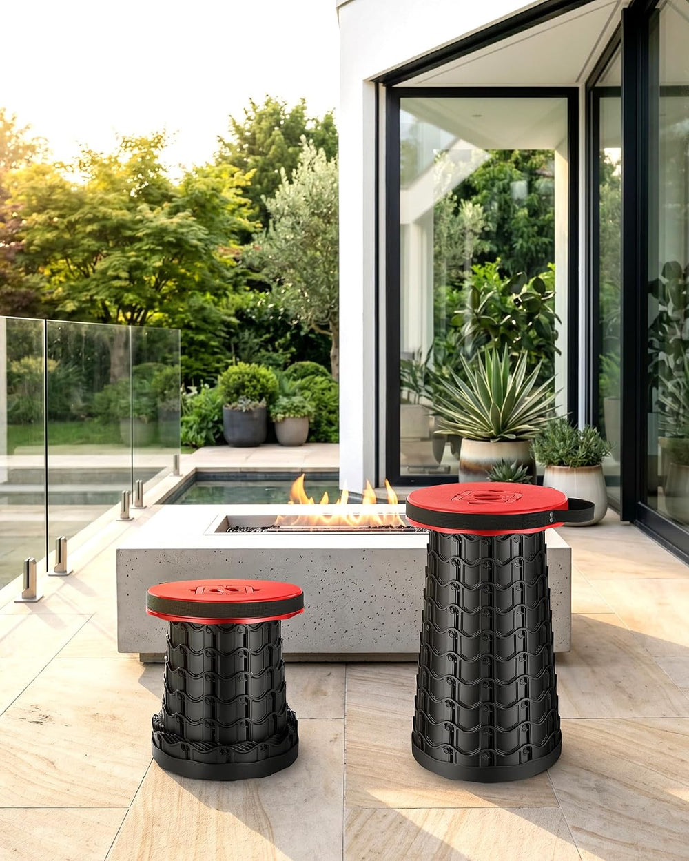 Height Adjustable Camping Stool - Wide Seat Portable Folding Chair (RED)