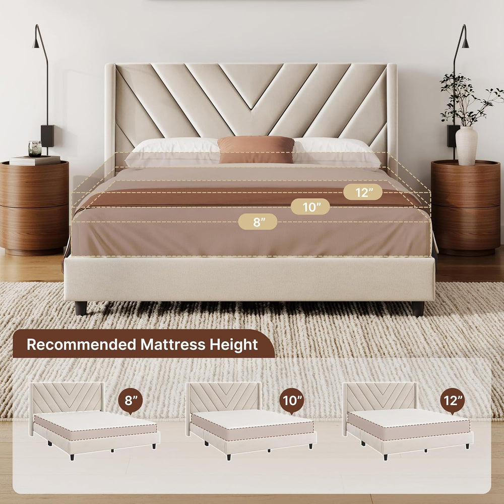 Yaheetech Queen Bed Frame with Chevron Channel-Tufted Headboard, Beige