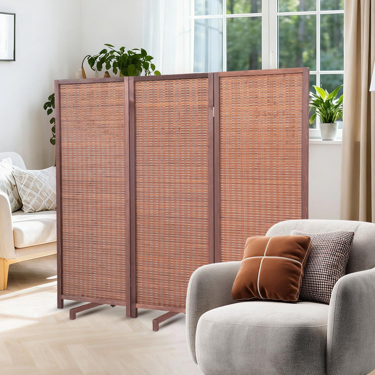 Bamboo Room Divider 3 Panel 47" H, 360°Rotating Feet Privacy Screen,Brown
