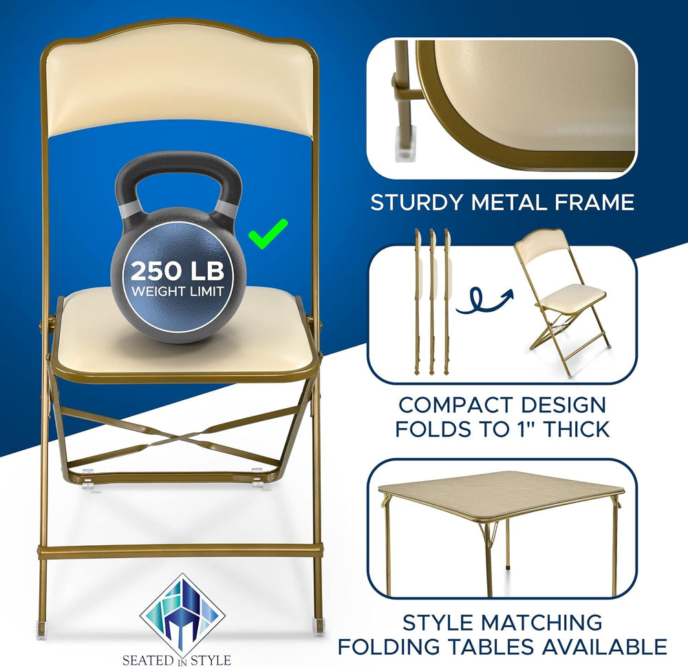 Premium Folding Chairs 4 Pack – Narrow 15” Seat, Padded Seat & Back – Fol...