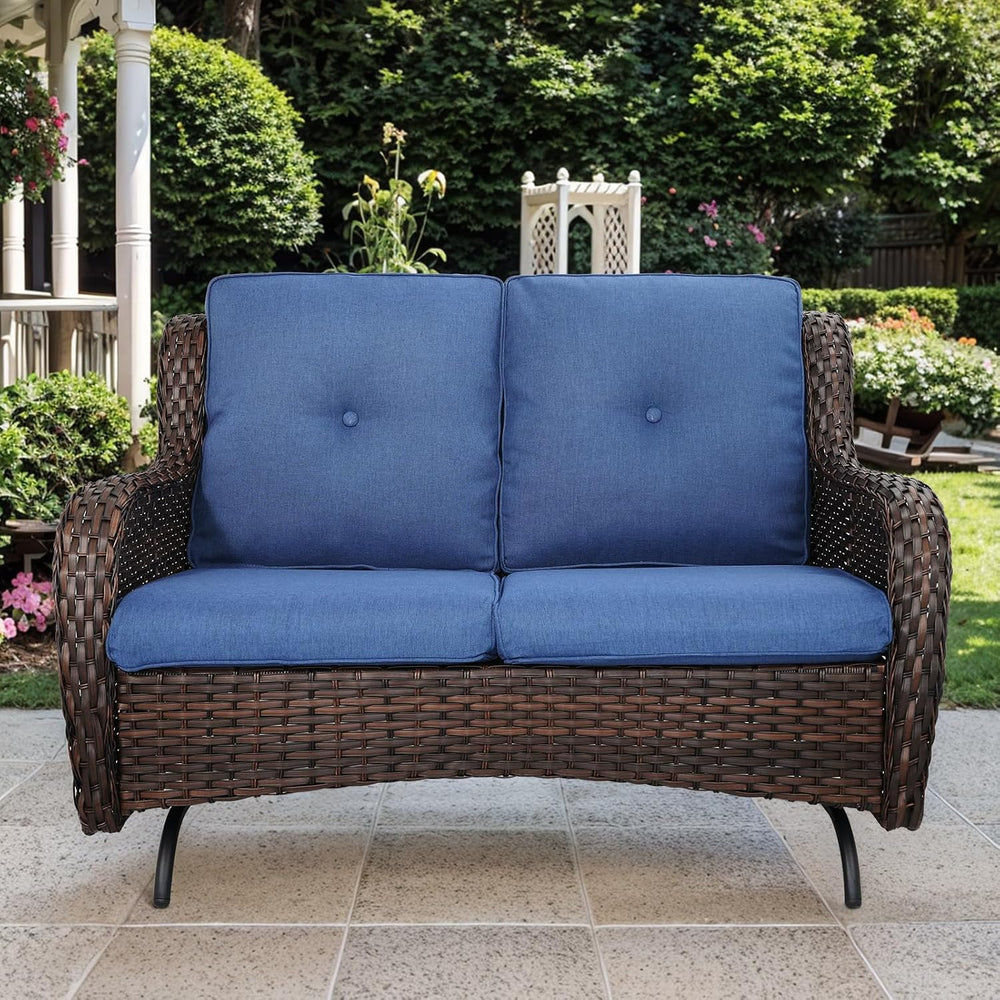 Patio Loveseat Wicker Loveseat Rattan Glider Sofa with Curved Armrest Thickin...