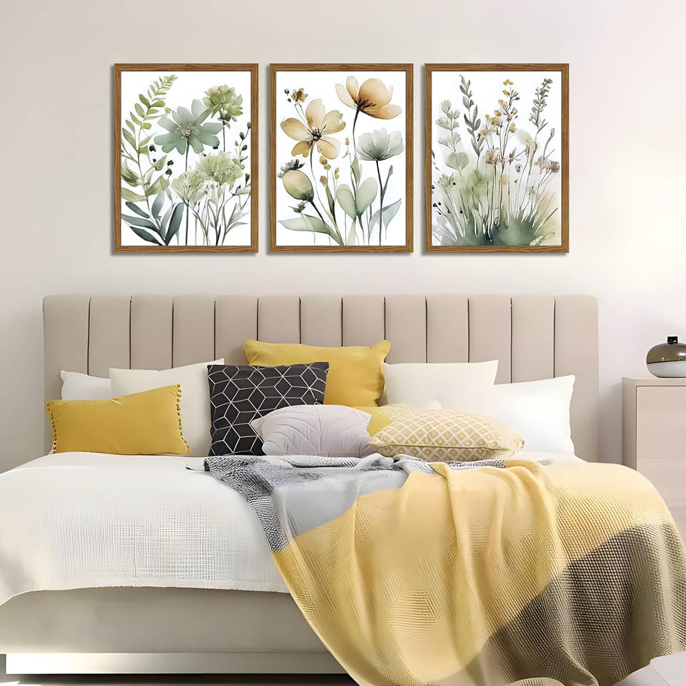 Wood Framed Sage Green Botanical Wall Art Set of 3, Boho Floral Canvas Wall D...