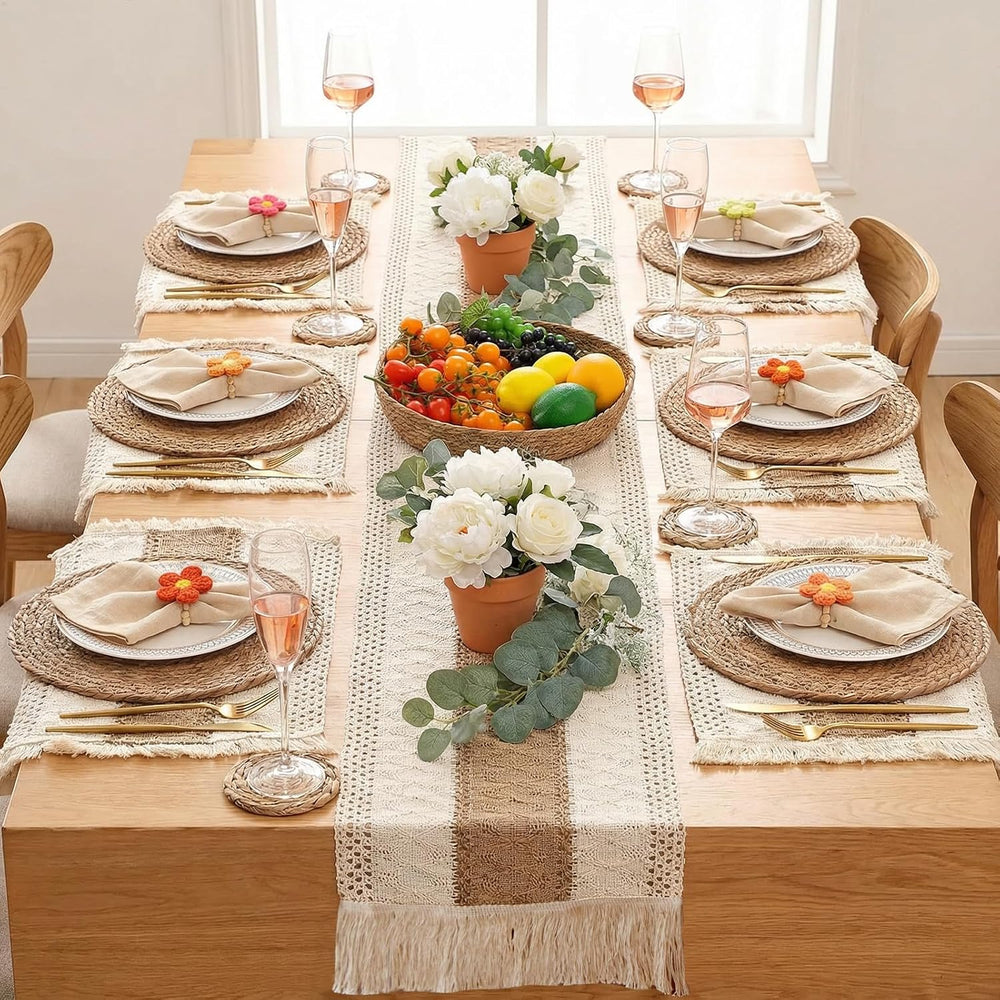 Boho Placemats Set of 6, 32-Piece Table Decor, Farmhouse Rustic Style