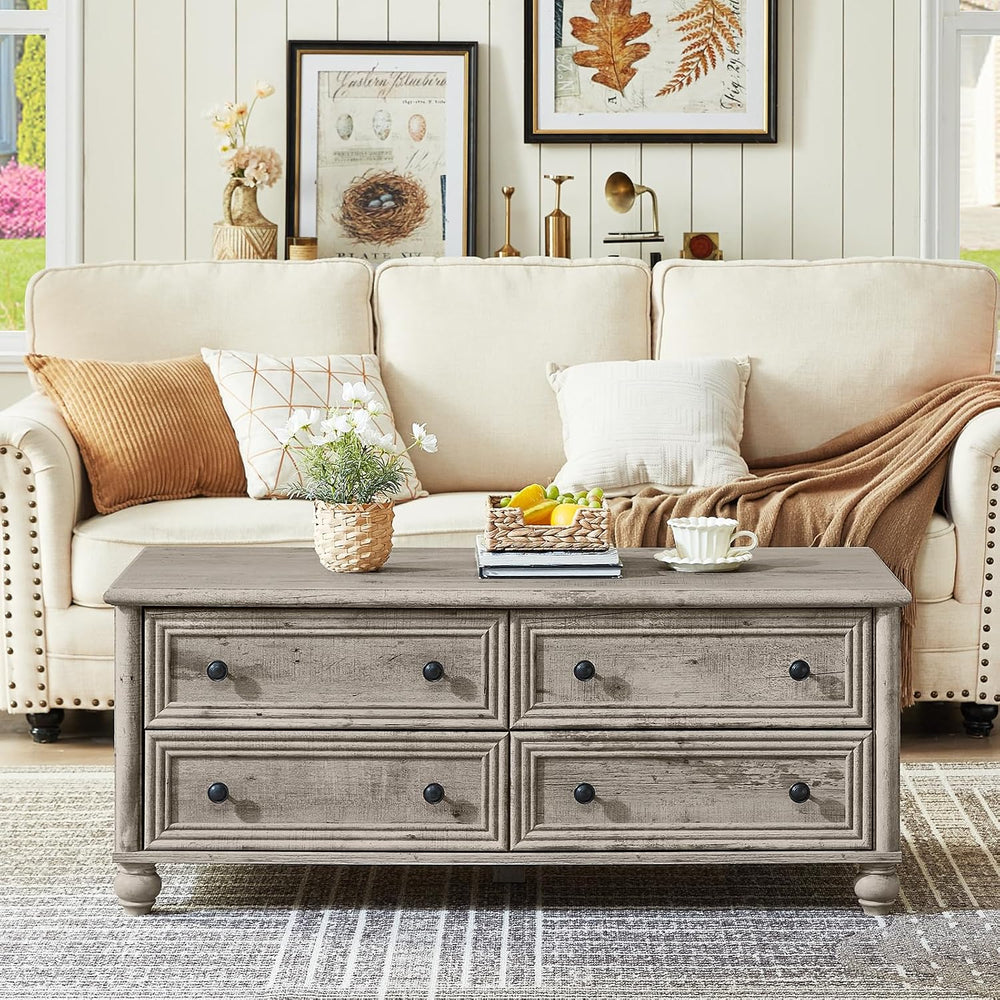 RWYHG 48" Farmhouse Grey Coffee Table, Center Table with 4 Drawers