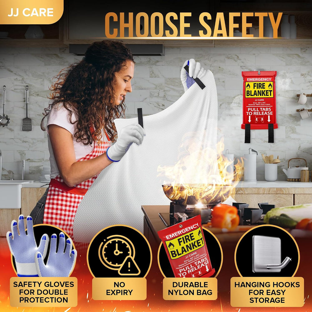 JJ CARE Fire Blanket – 10 Pack with Hooks and Gloves, 40" x 40" Fla...