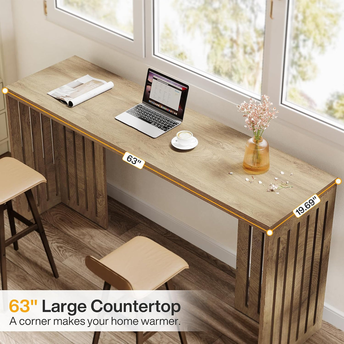 Tribesigns 63-Inch Bar Table with Louvered Base, Natural