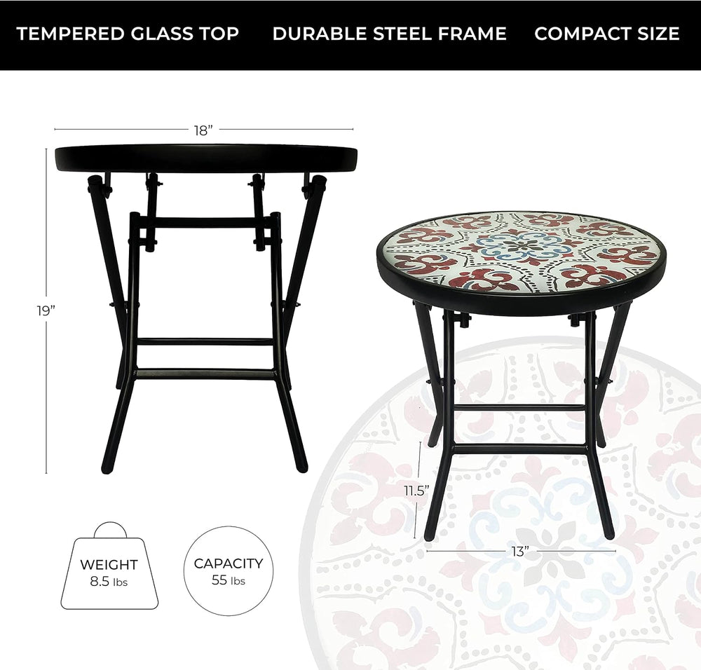 Backyard Expressions Folding Glass Patio Side Table-Mosaic Pattern-18 Inch