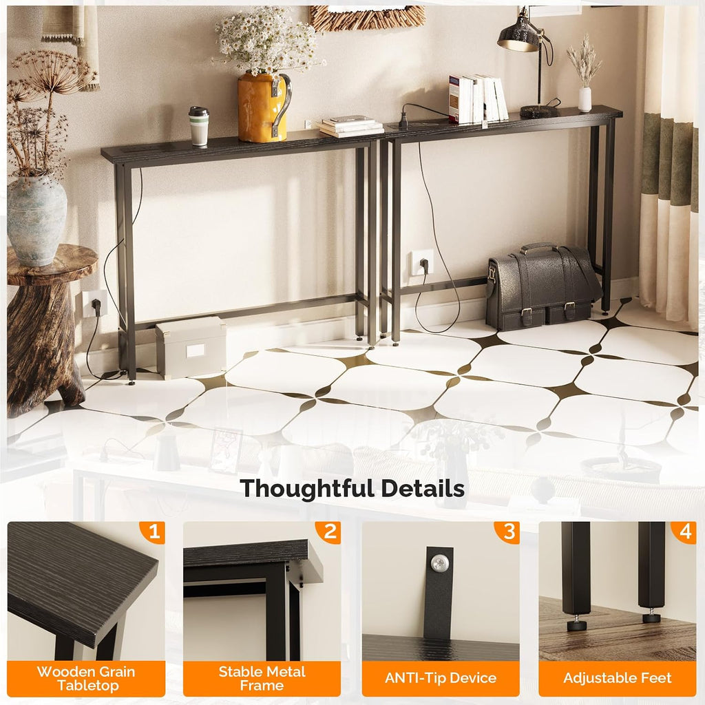 VINGLI 79" Console Table with Power Outlet, Narrow Sofa Table 2 Pack, Black