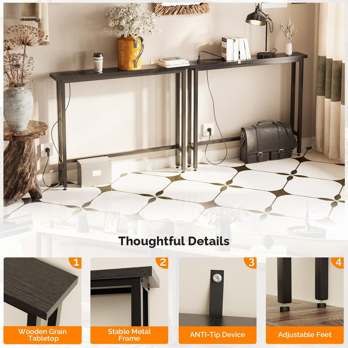 VINGLI 79" Console Table with Power Outlet, Narrow Sofa Table 2 Pack, Black