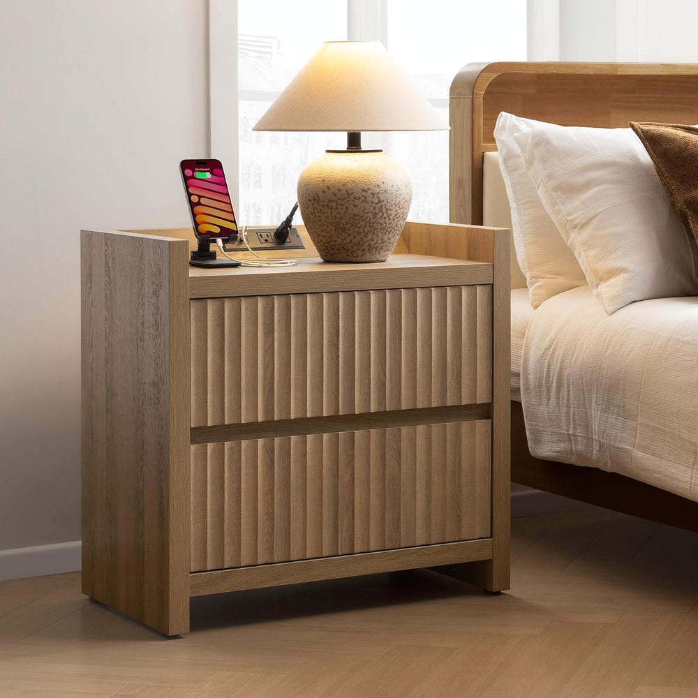 SICOTAS Night Stand Set 2 with Charging Station, Fluted Nightstands