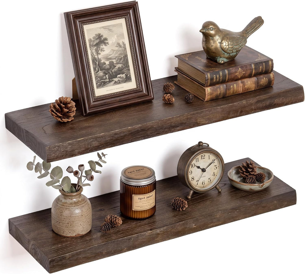 24in Live Edge Solid Elm Floating Shelves, Walnut, Set of 2